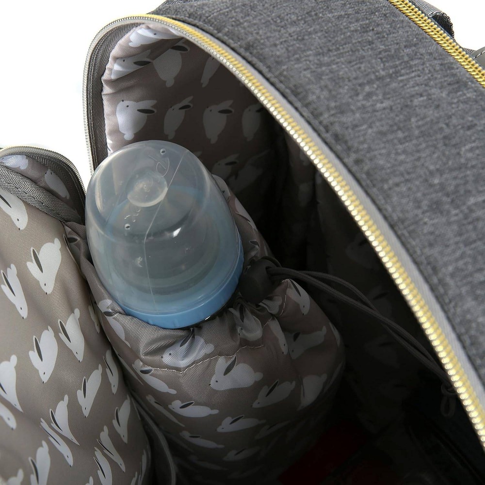 Dabney Lee Expandable Backpack Diaper Bag Grey Bunny Print Change Mat NWT - Picture 3 of 16